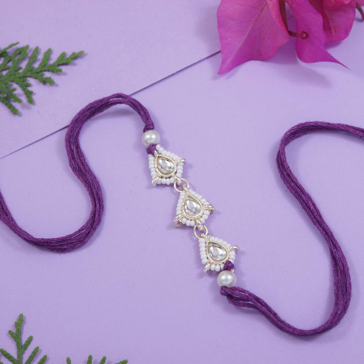 I Jewels Purple Designer Kundan Pearl Rakhi with Roli Chawal & Rakshabandhan Card