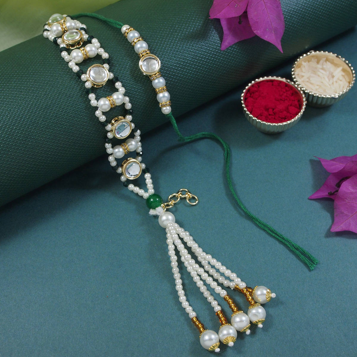 I Jewels Green Kundan Pearl Bhaiya Bhabhi Rakhi & Bracelet with Roli Chawal