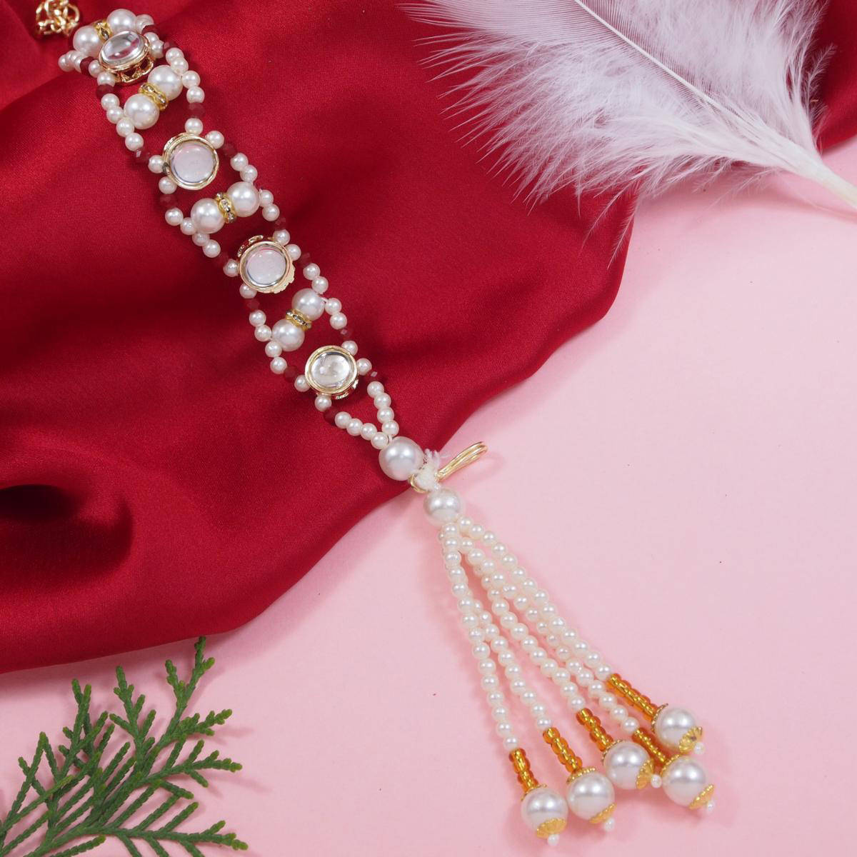 I Jewels Maroon Round Shaped Kundan & Pearl Bracelet Rakhi with Roli Chawal