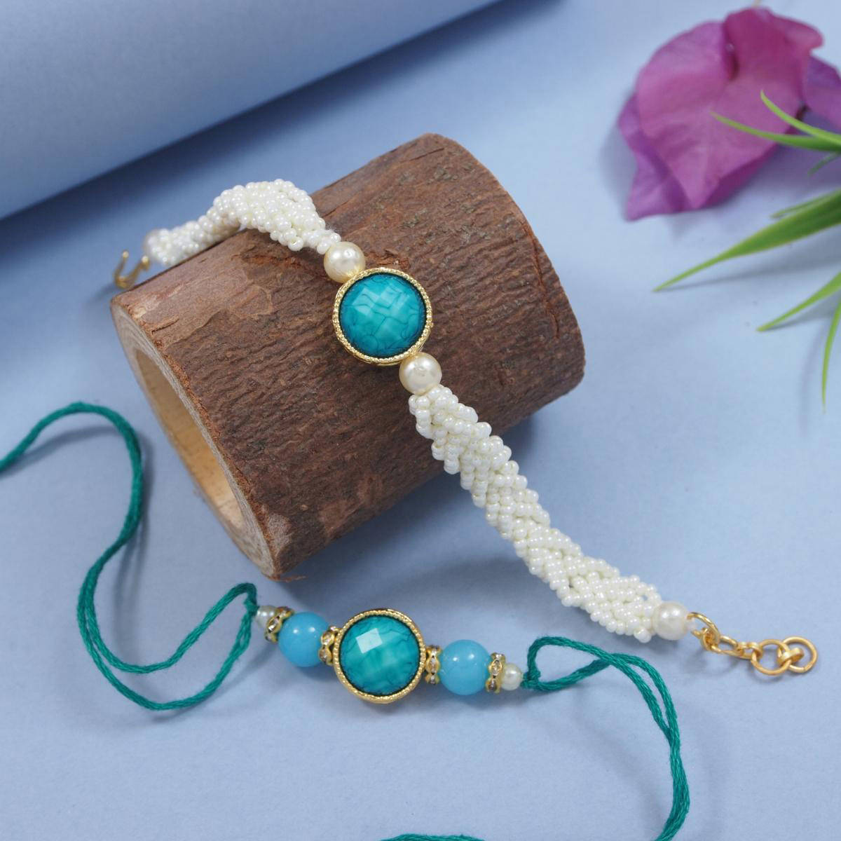 I Jewels Turquoise Kundan Bhaiya Bhabhi Rakhi, Bracelet with Roli Chawal & Greeting Card