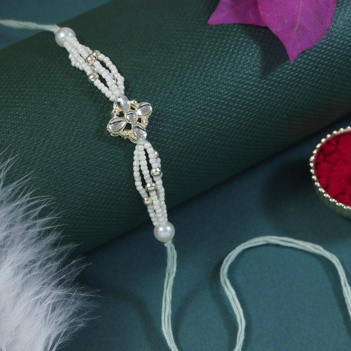 I Jewels Blue Designer Pearl Beaded Bhaiya Rakhi with Roli Chawal & Greeting Card