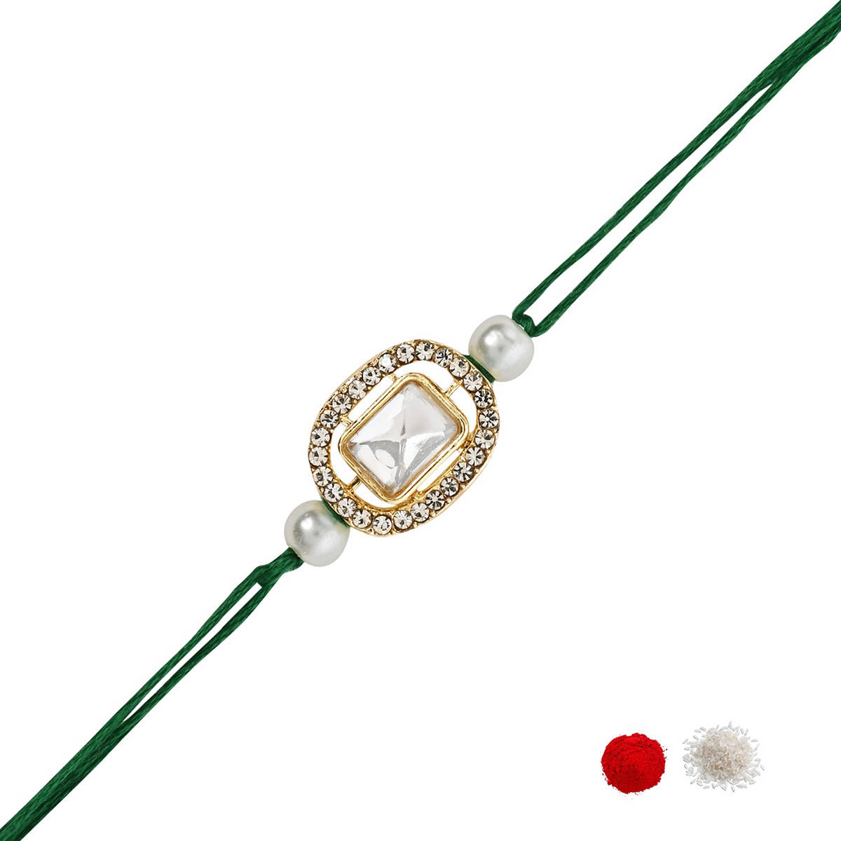 I Jewels Green Designer Kundan Pearl Bhaiya Rakhi with Roli Chawal & Rakshabandhan Card