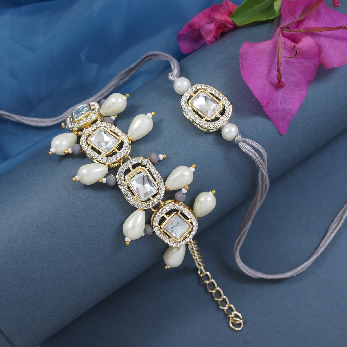 I Jewels Grey Kundan & Pearl Bhaiya Bhabhi Rakhi & Bracelet with Roli Chawal