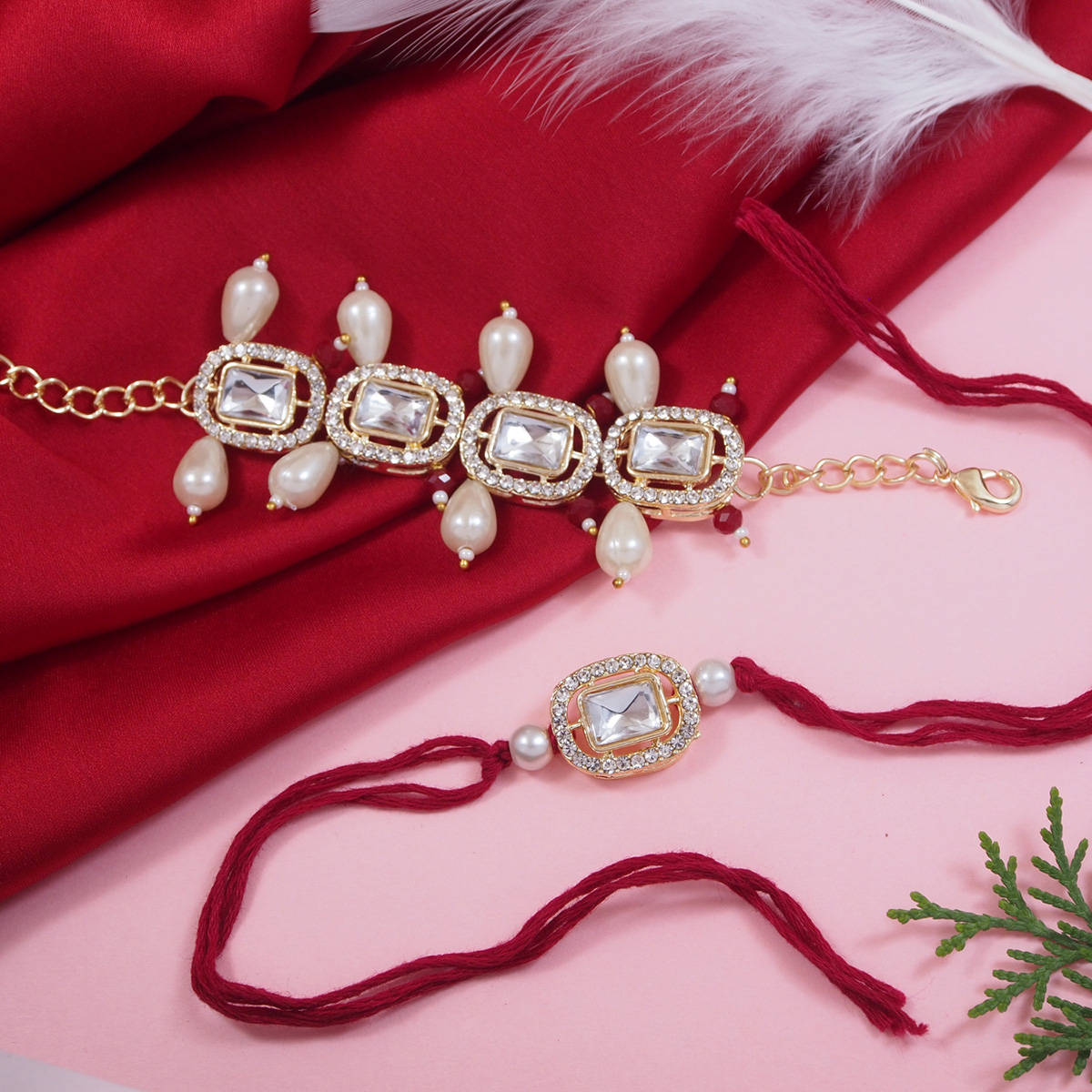 I Jewels Maroon Kundan & Pearl Bhaiya Bhabhi Rakhi & Bracelet with Roli Chawal