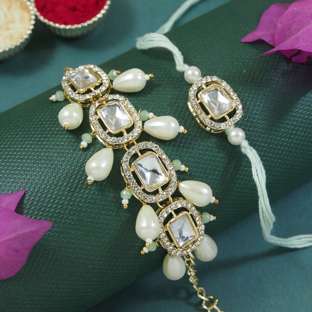 I Jewels Green Kundan & Pearl Bhaiya Bhabhi Rakhi & Bracelet with Roli Chawal
