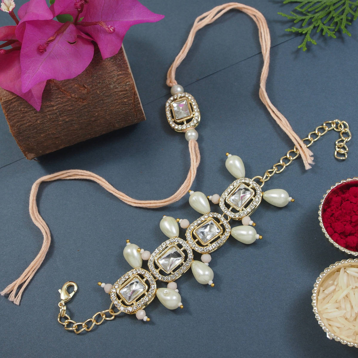 I Jewels Peach Kundan & Pearl Bhaiya Bhabhi Rakhi & Bracelet with Roli Chawal