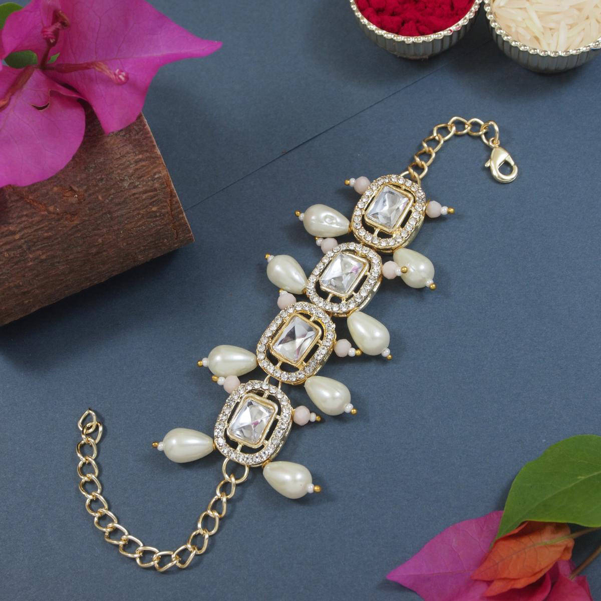 I Jewels Peach Kundan & Pearl Bracelet Rakhi with Roli Chawal