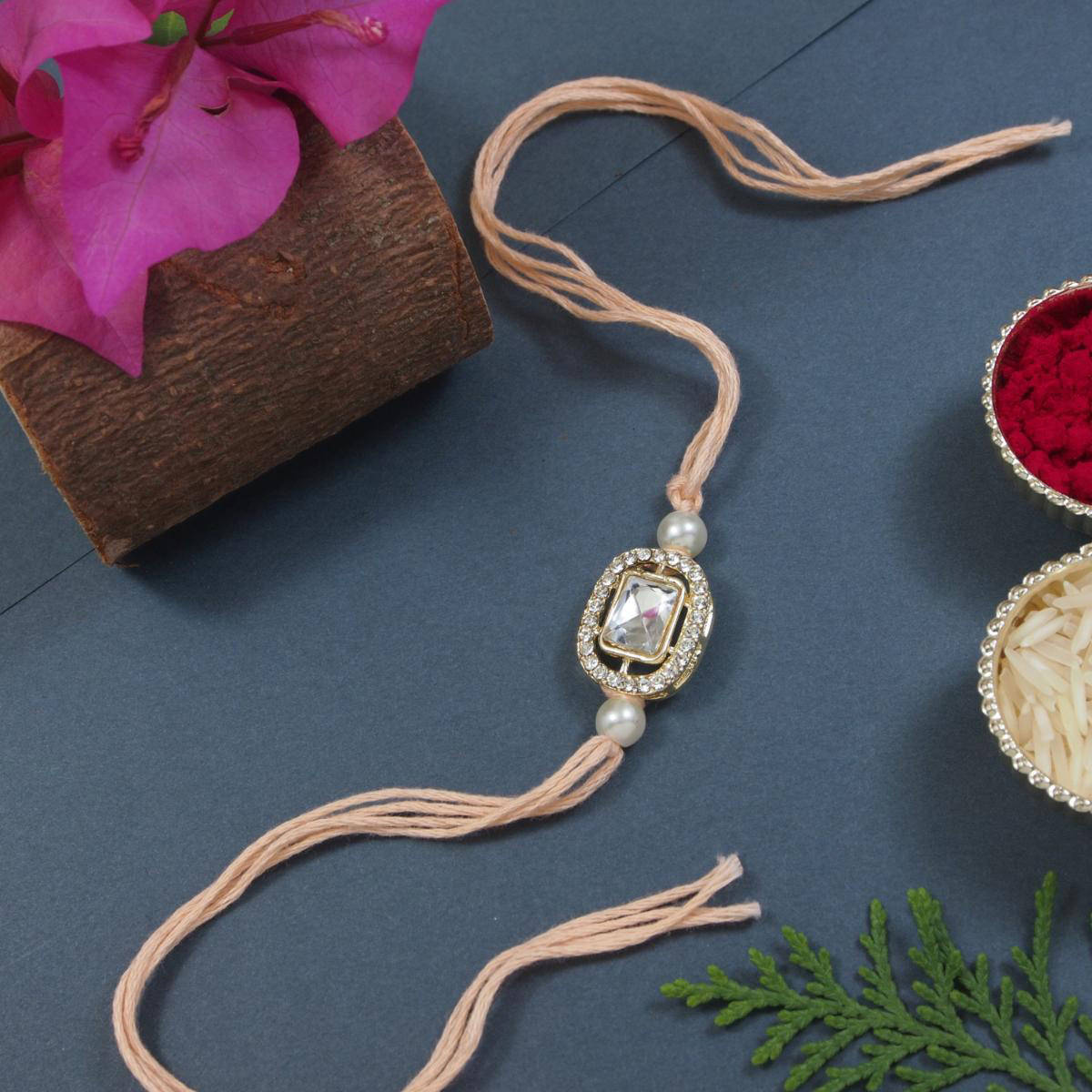 I Jewels Peach Designer Kundan Pearl Bhaiya Rakhi with Roli Chawal & Rakshabandhan Card
