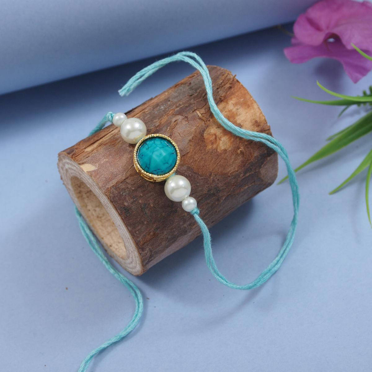 I Jewels Turquoise Designer Pearl Beaded Bhaiya Rakhi with Roli Chawal & Rakshabandhan Card