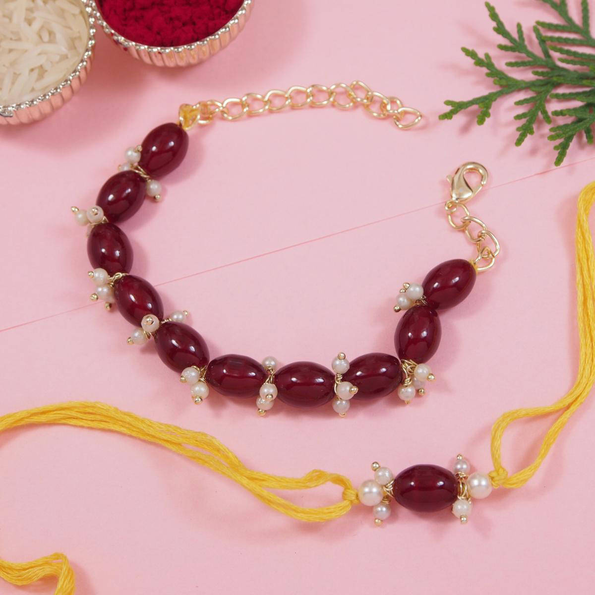 I Jewels Maroon Pearl Bhaiya Bhabhi Rakhi, Bracelet with Roli Chawal & Greeting Card