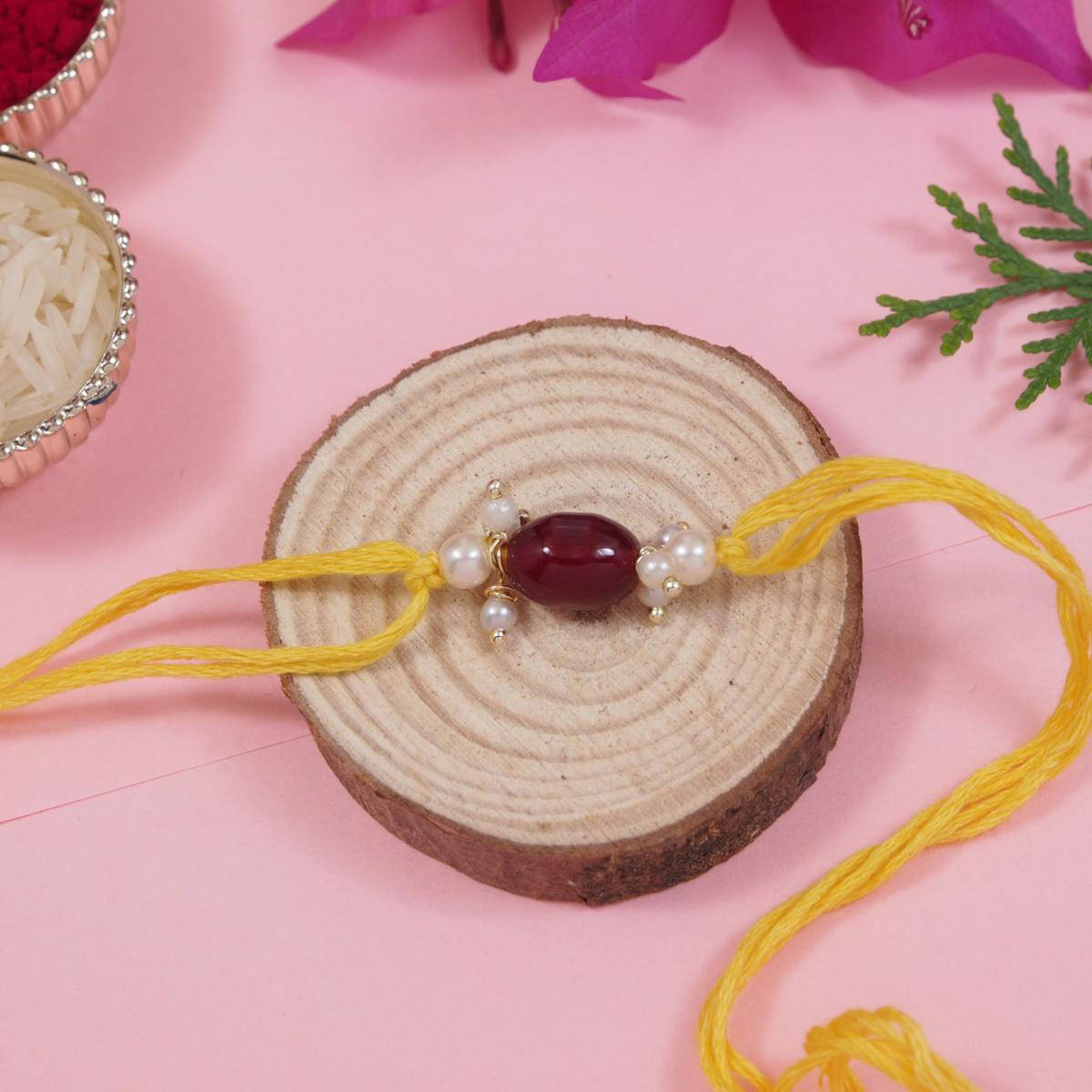I Jewels Maroon Designer Pearl Bhaiya Rakhi with Roli Chawal & Rakshabandhan Card