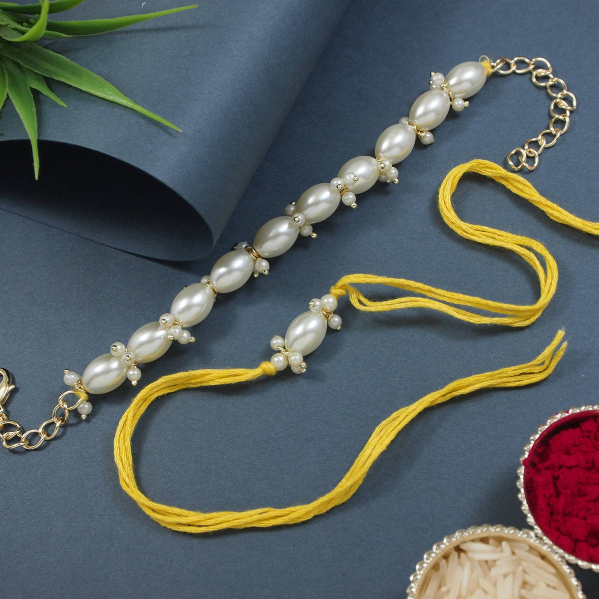 I Jewels Yellow Pearl Bhaiya Bhabhi Rakhi & Bracelet with Roli Chawal