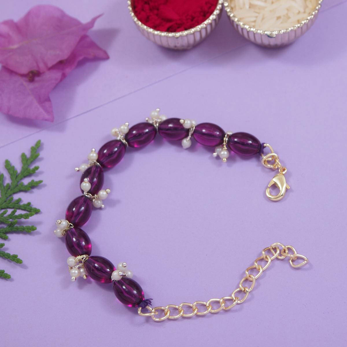 I Jewels Wine Kundan & Pearl Bracelet Rakhi with Roli Chawal