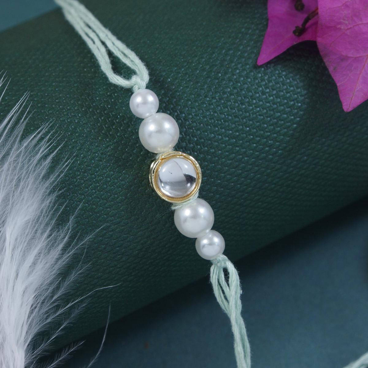 I Jewels Blue Designer Kundan Pearl Bhaiya Rakhi with Roli Chawal & Rakshabandhan Card