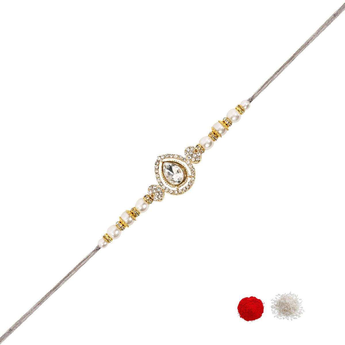 I Jewels Grey Designer Kundan Pearl Bhaiya Rakhi with Roli Chawal with Rakshabandhan Card
