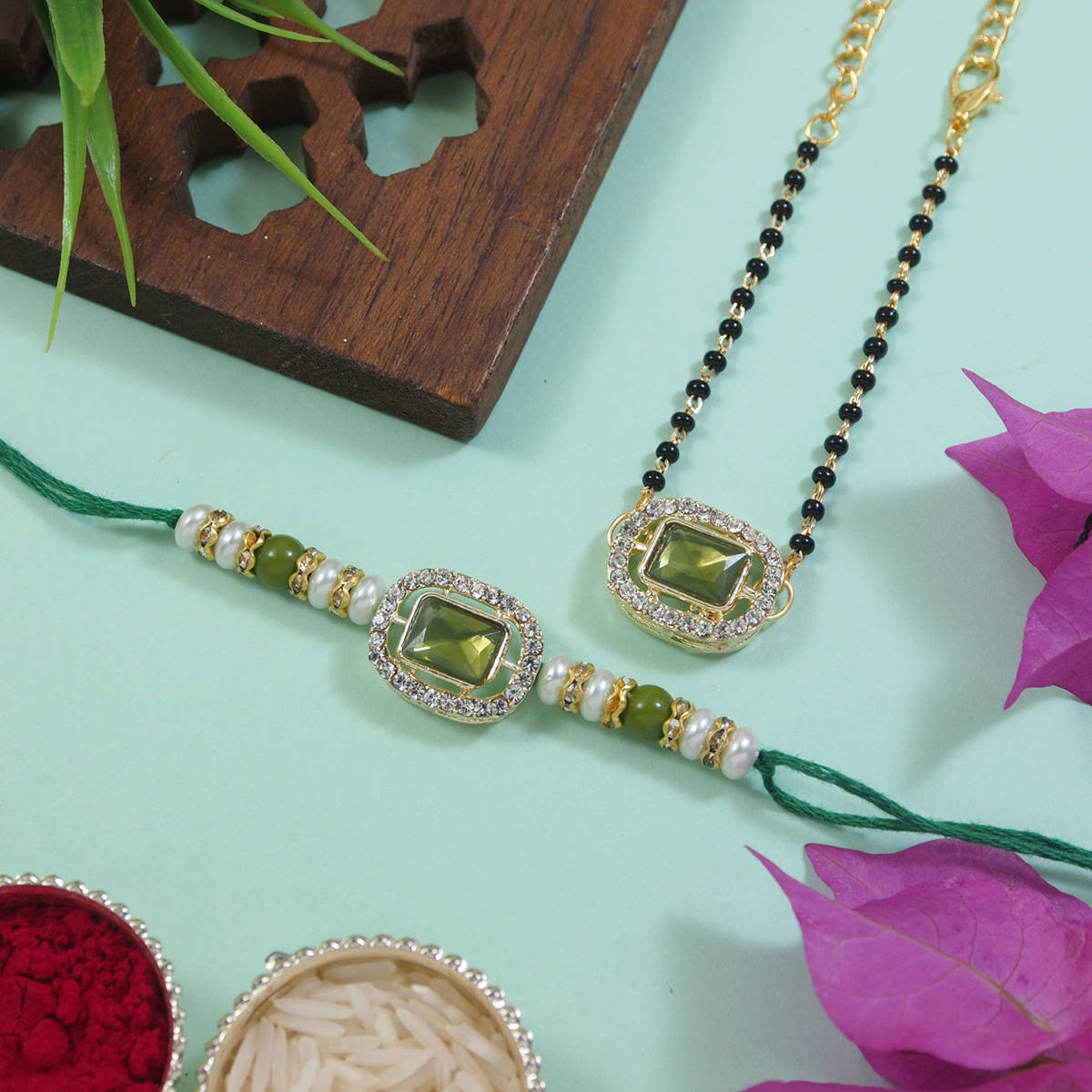 I Jewels Green Kundan Pearl Bhaiya Bhabhi Rakhi & Mangalsutra Bracelet with Roli Chawal