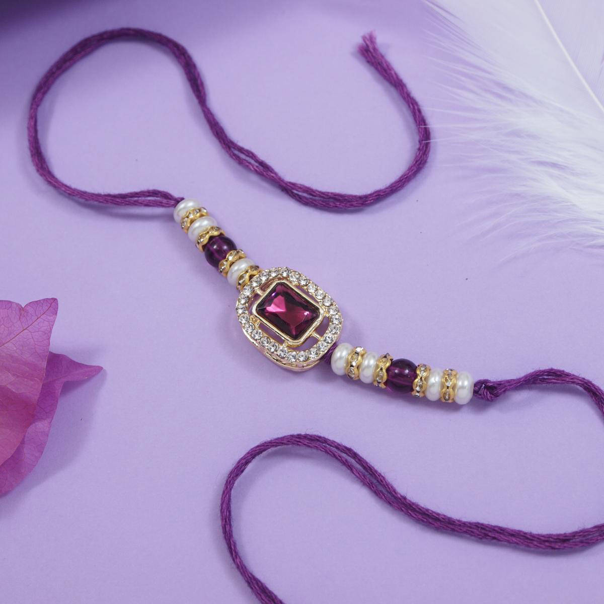 I Jewels Purple Designer Kundan Pearl Bhaiya Rakhi with Roli Chawal & Rakshabandhan Card