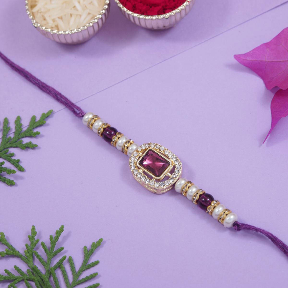I Jewels Wine Designer Kundan Pearl Bhaiya Rakhi with Roli Chawal & Rakshabandhan Card