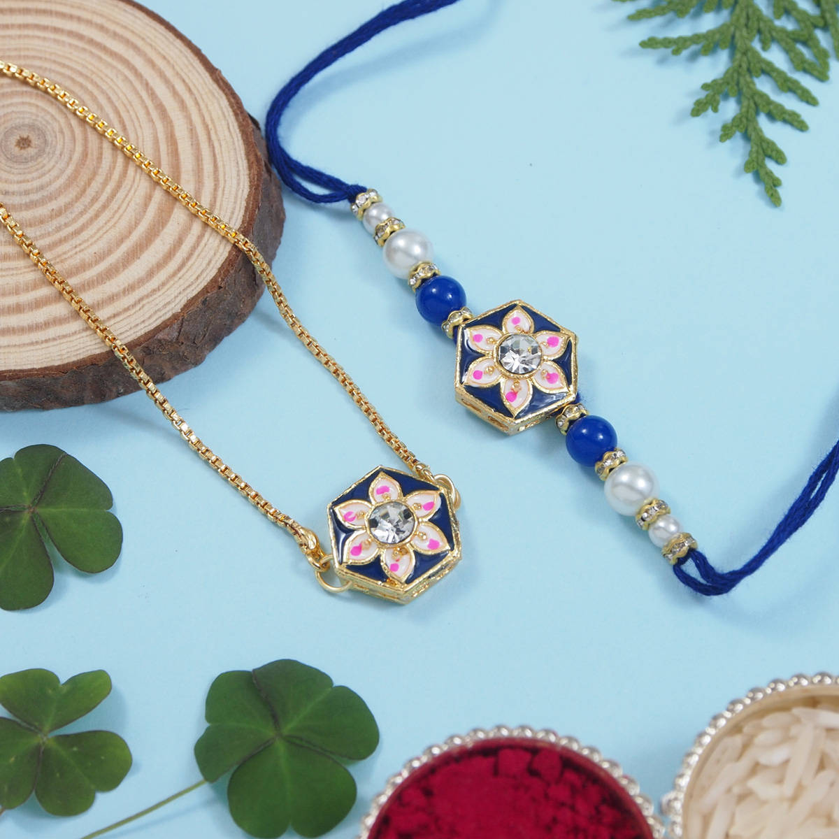 I Jewels Blue Pearl & Meenakari Bhaiya Bhabhi Rakhi & Bracelet with Roli Chawal