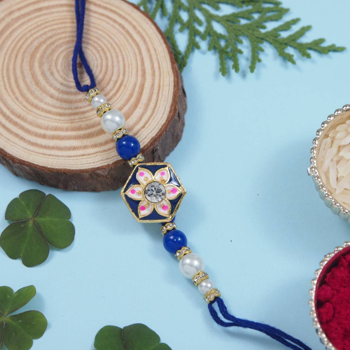 I Jewels Blue Designer Meenakari Kundan Pearl Bhaiya Rakhi with Roli Chawal & Greeting Card