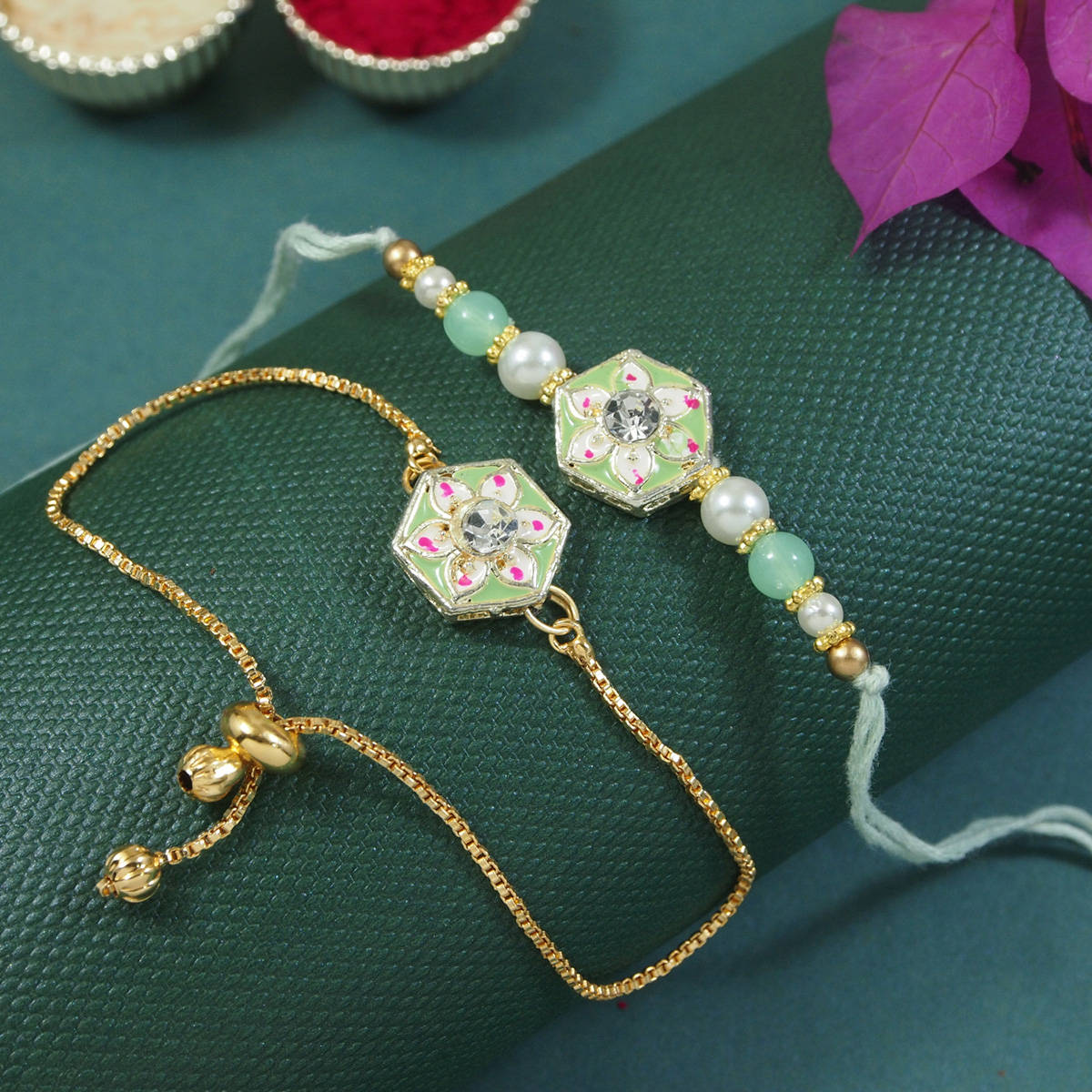 I Jewels Green Pearl & Meenakari Bhaiya Bhabhi Rakhi & Bracelet with Roli Chawal