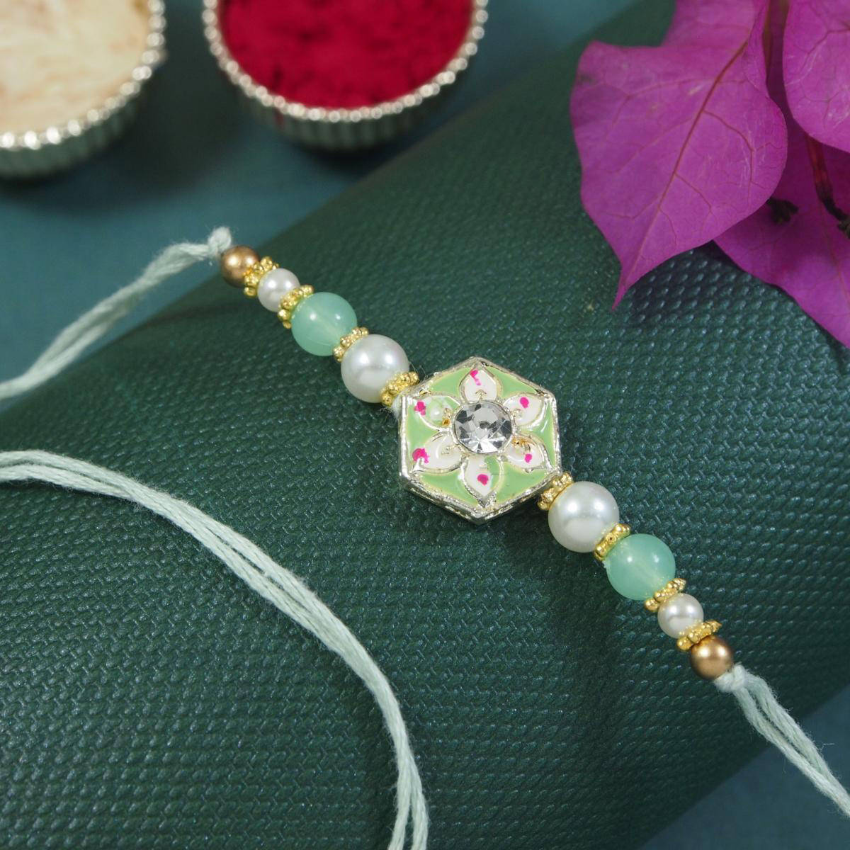 I Jewels Green Designer Meenakari Kundan Pearl Bhaiya Rakhi with Roli Chawal & Greeting Card