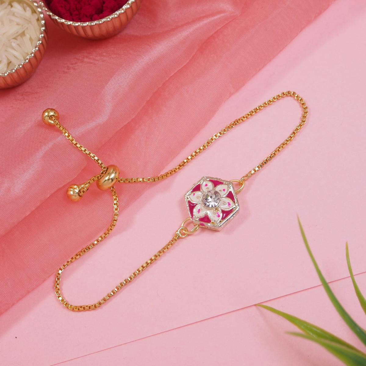 I Jewels Pink Floral Shaped Meenakari Bracelet Rakhi with Roli Chawal
