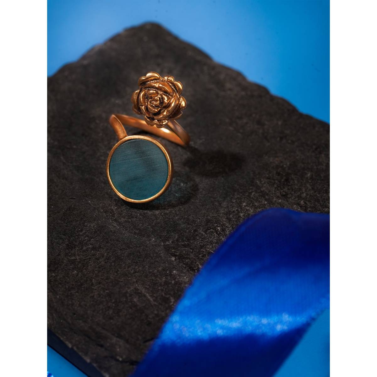 Suhani Pittie Gold Plated Round Blue Acrlic And 3Drose Ring