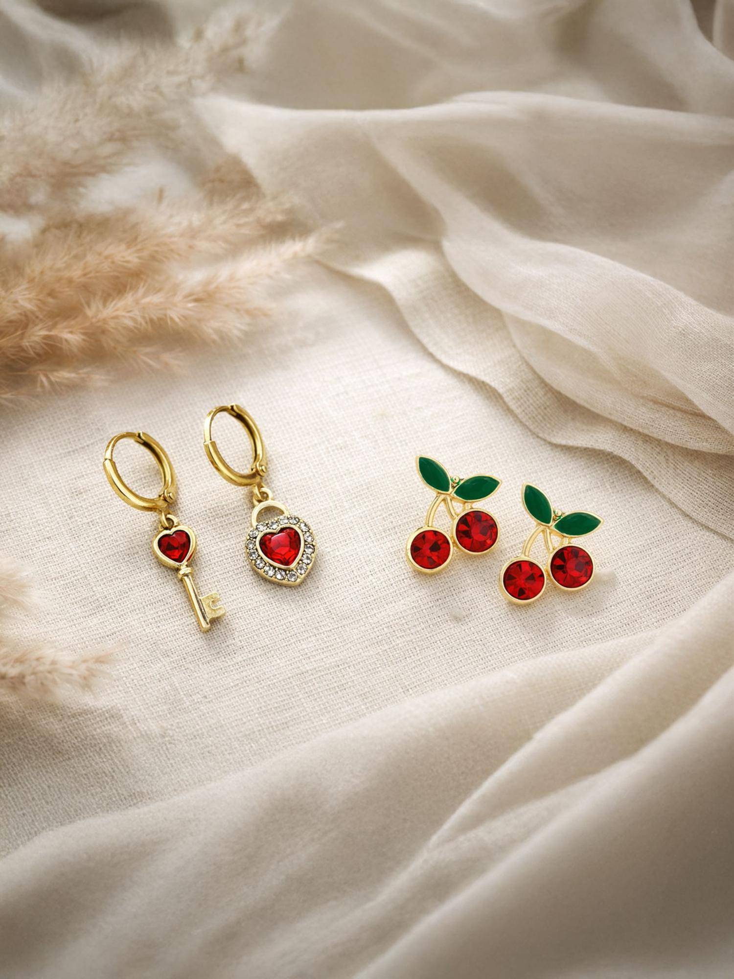 ISHKAARA Women Red Heart-Lock Cherry Love Stud and Drop Earrings
