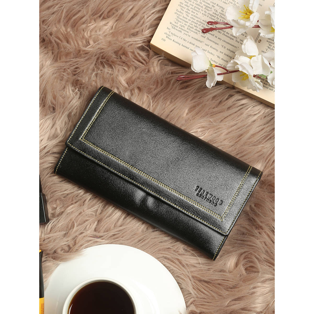 Teakwood Women Black Solid Two Fold Leather Wallet