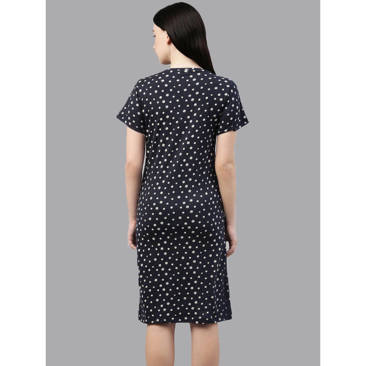 Kryptic Women Navy Blue & White Printed Pure Cotton TShirt Nightdress