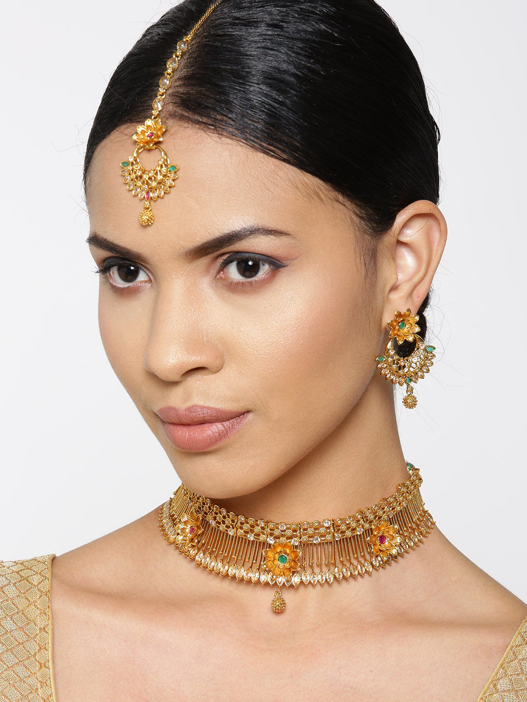 Priyaasi Gold Plated Stone Studded Multicolour Floral Jewellery Set