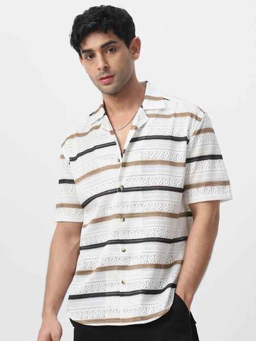 Urbano Fashion Mens Brown White Cotton Half Sleeve Oversized Fit Crochet  Shirt