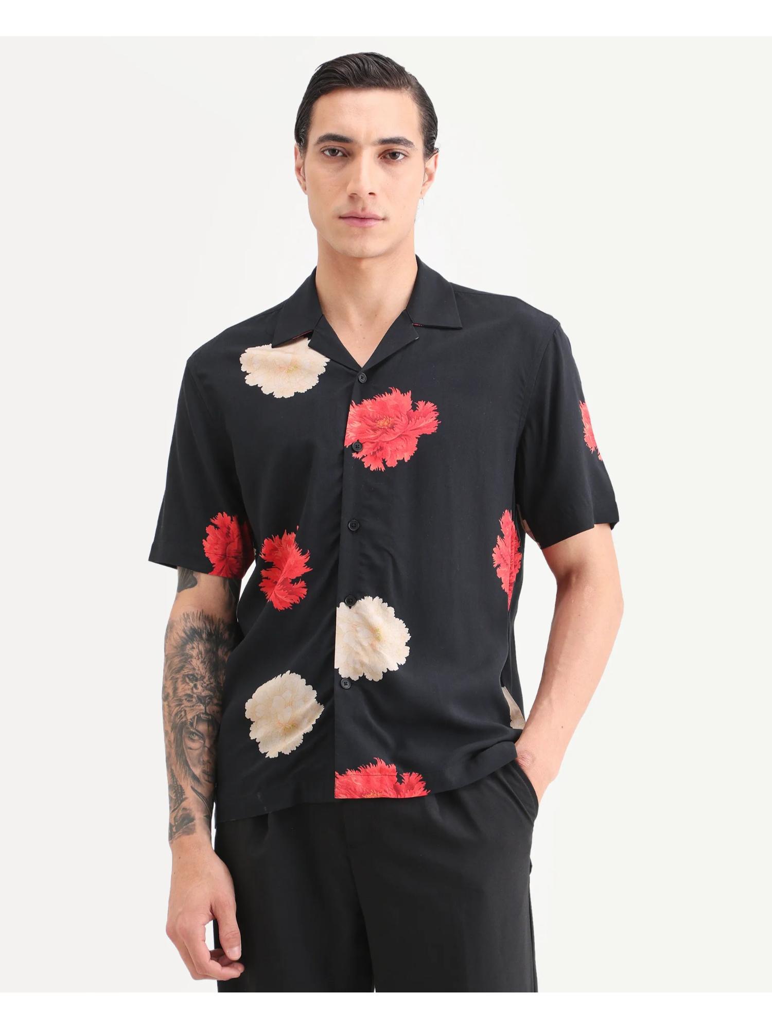 Buy Rare Rabbit Mens Nulk Black Viscose Fabric Floral Print Shirt
