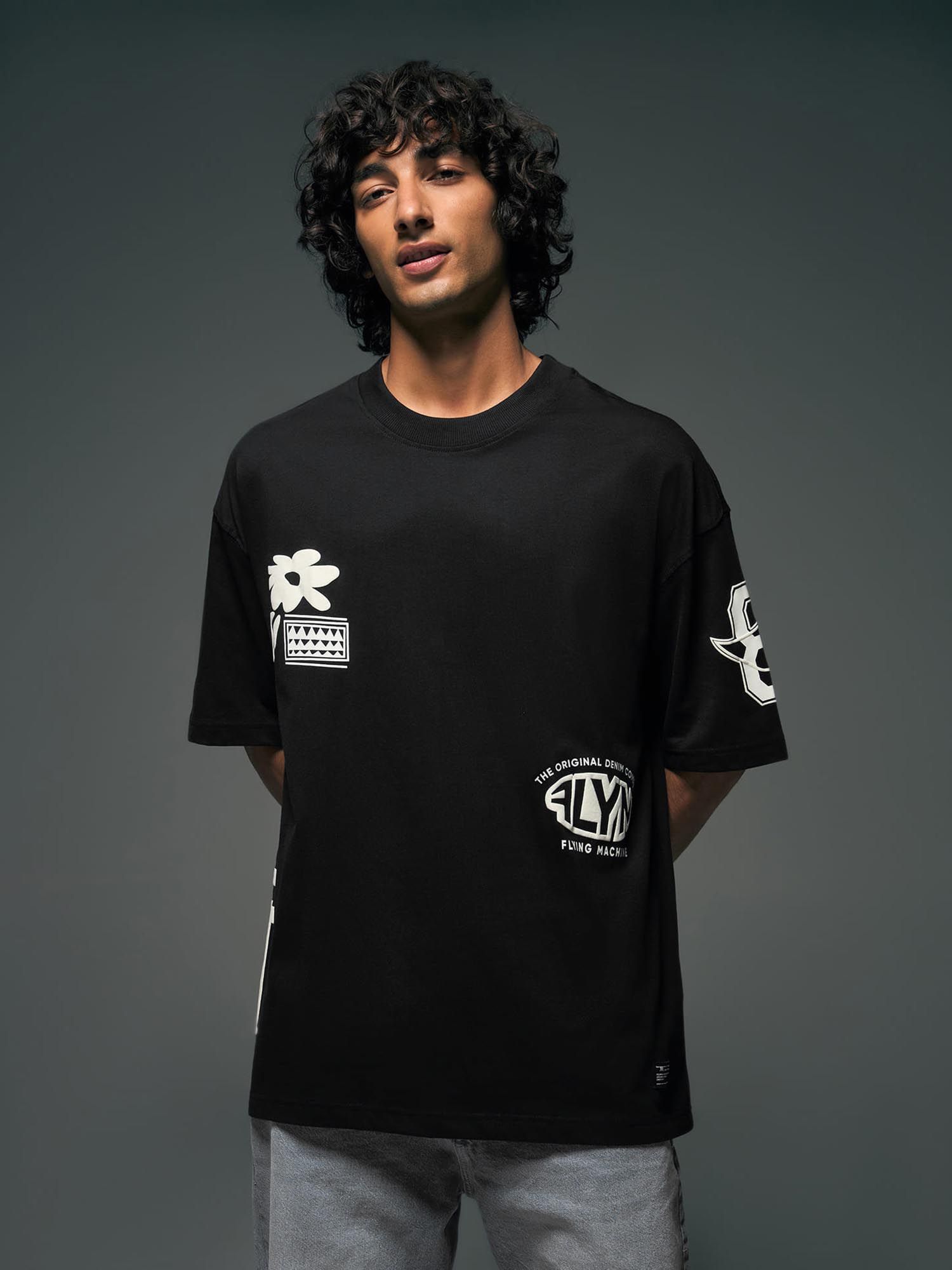 Buy Flying Machine Men Black Graphic Printed Oversized T-shirt Online