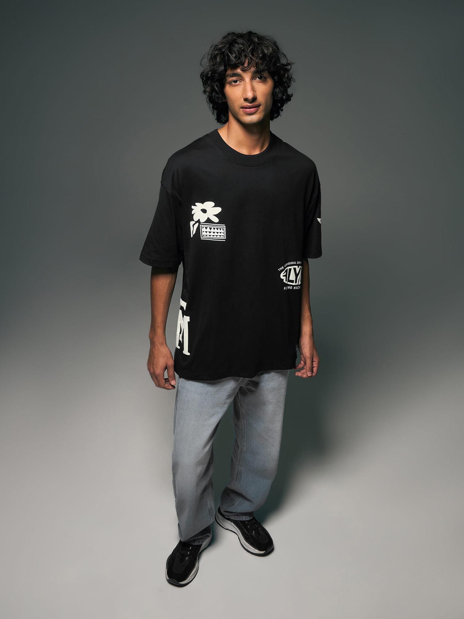 Buy Flying Machine Men Black Graphic Printed Oversized T-shirt Online