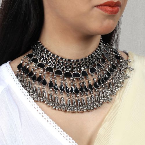 Teejh Zaira Black Silver Oxidised Choker Necklace For Women - Main Image