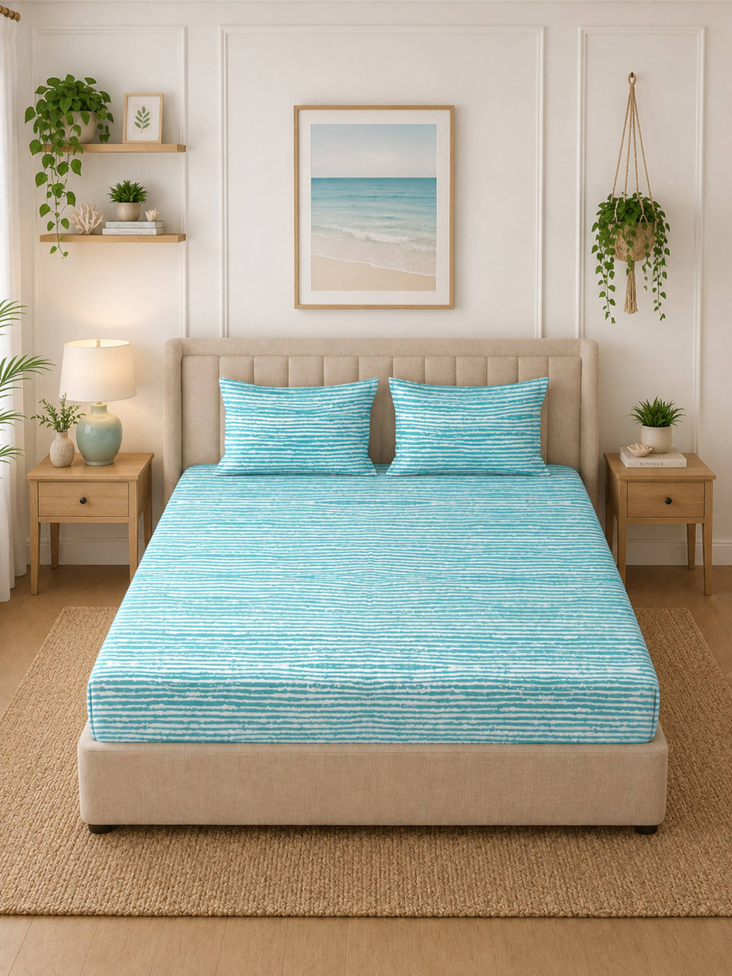 MORADO Premium Glace Cotton Blue Fitted Bedsheet with 2 Pillow Covers (Double)