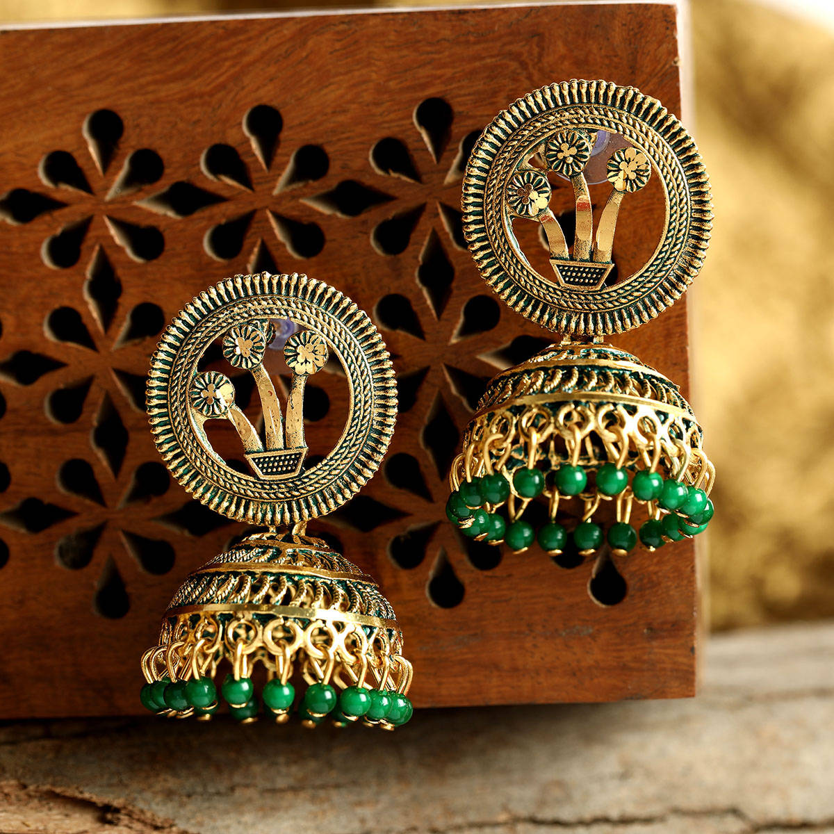 Anikas Creation Gold Plated Exclusive Traditional Green Pink Jhumka Earring