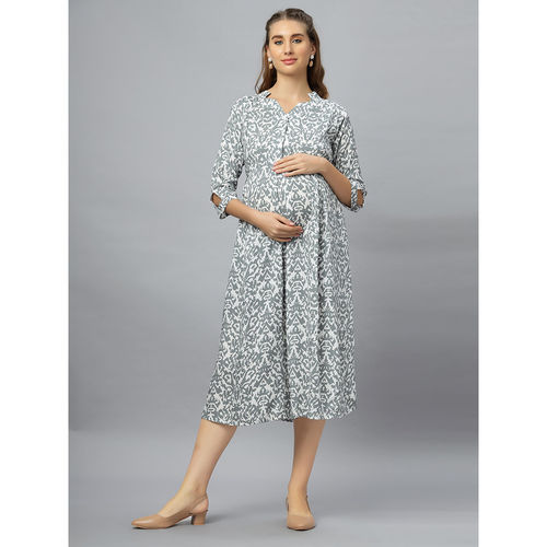 Buy Mamma's Maternity Grey Cotton V-Neck Printed Pregnancy/Feeding