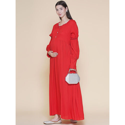 Buy Mine4Nine Solid Red Maternity Maxi Baby shower Dress with Gathered Sleeves Online Buy Mine4Nine Solid Red Maternity Maxi Baby shower Dress with Gathered Sleeves Online