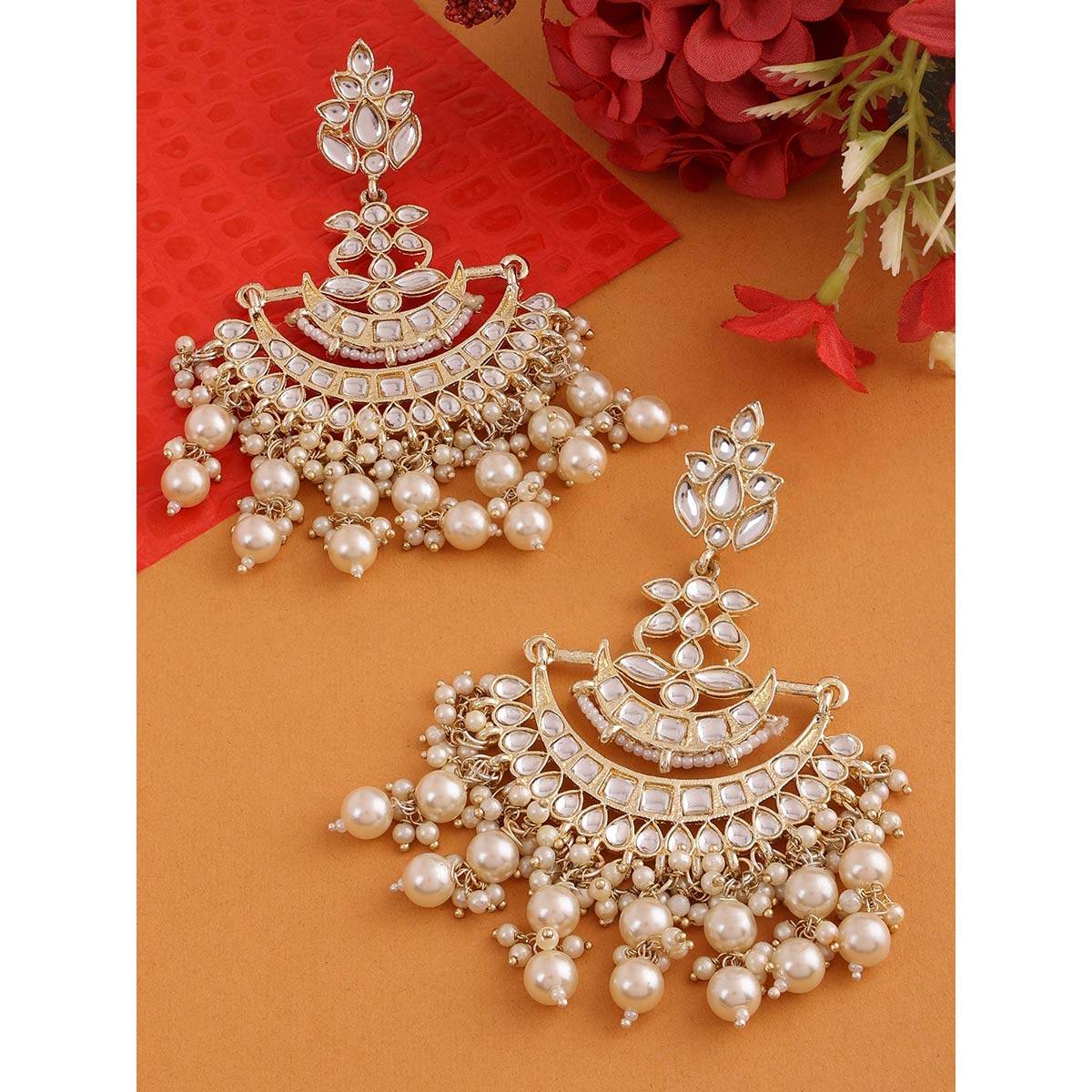 Zaveri Pearls Gold Tone Kundan & Pearls Crescent Dangle Earring-ZPFK13978