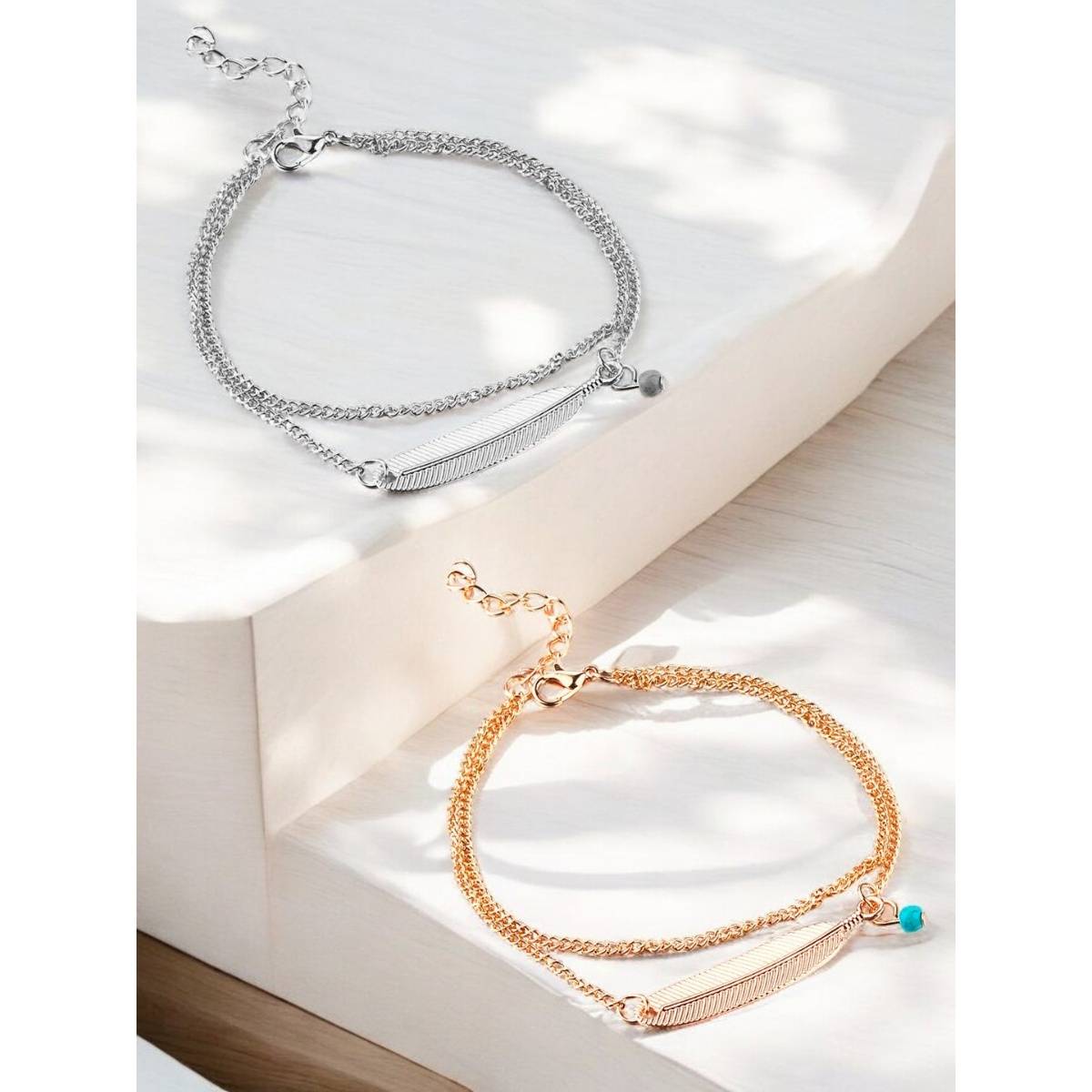 OOMPH Gold And Silver Bohemian Leaf Anklets (Pack of 2)