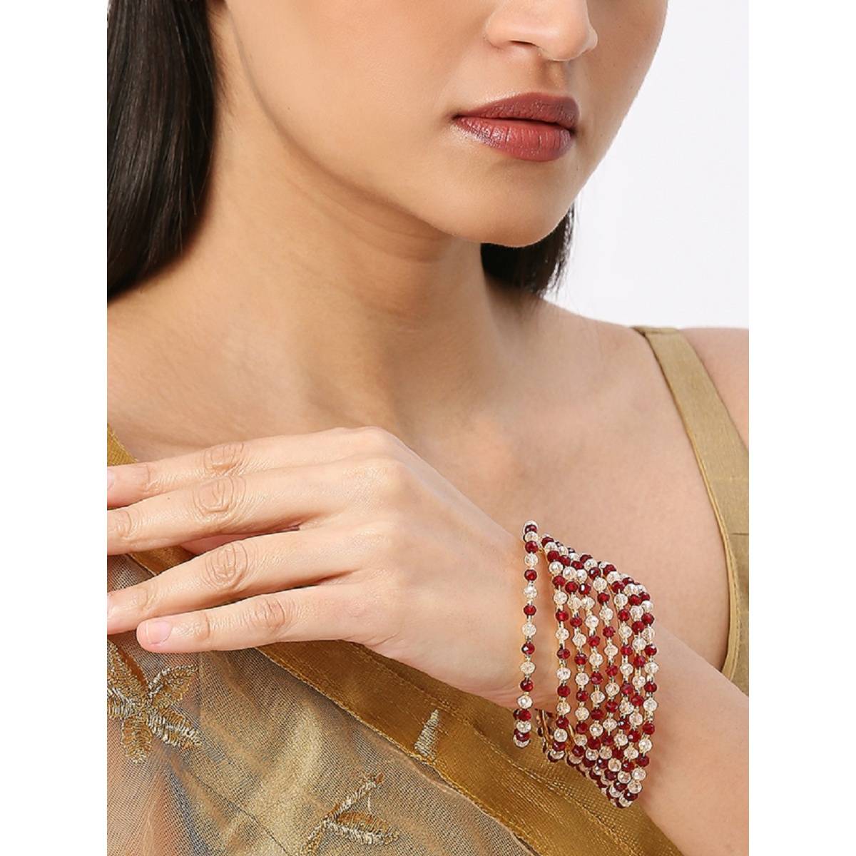 OOMPH Gold Tone Bangles Maroon And White Crystal Beads (Pack of 8) (2.6)