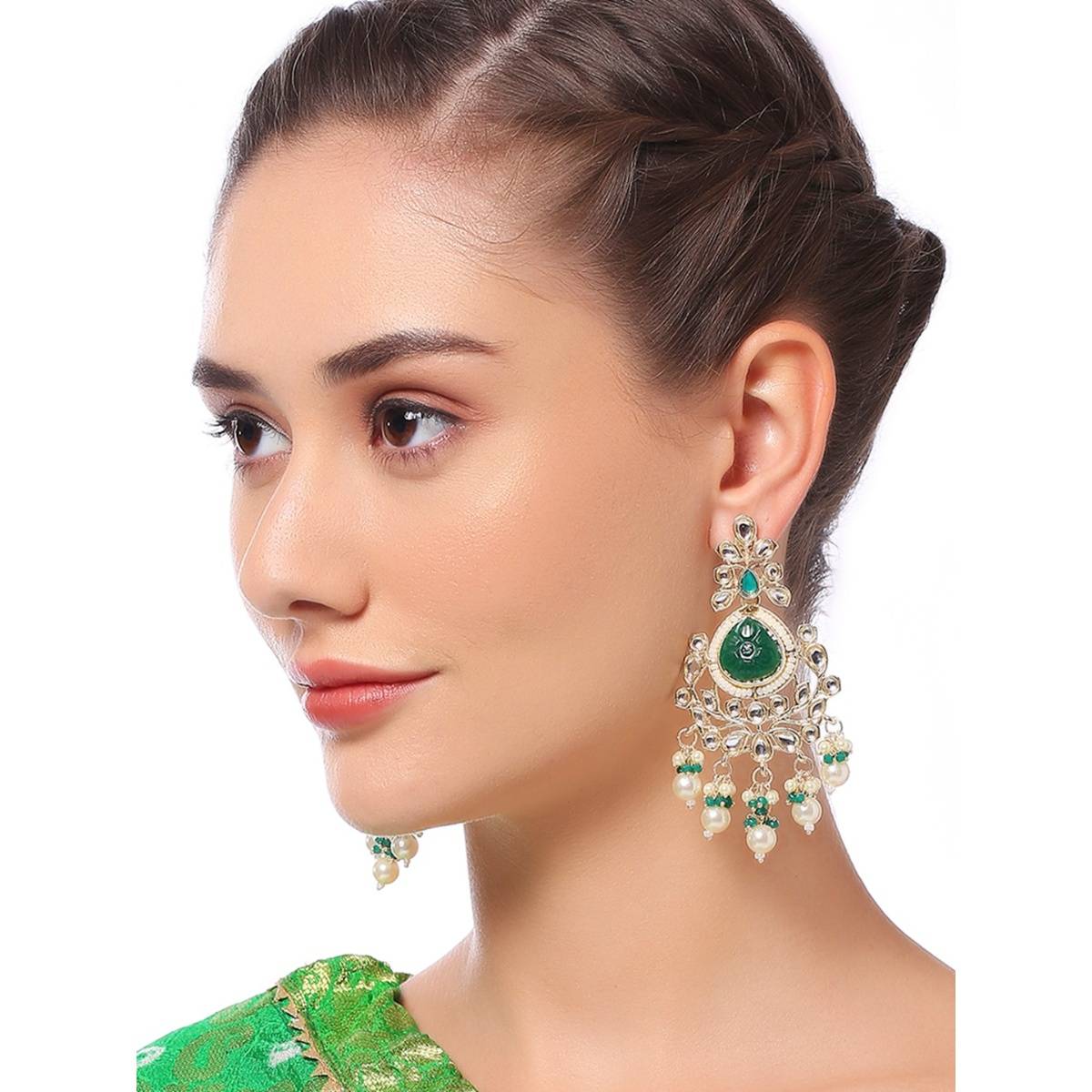 OOMPH Green Engraved Jaipur Stones And Kundan Ethnic Drop Earrings - Floral Design