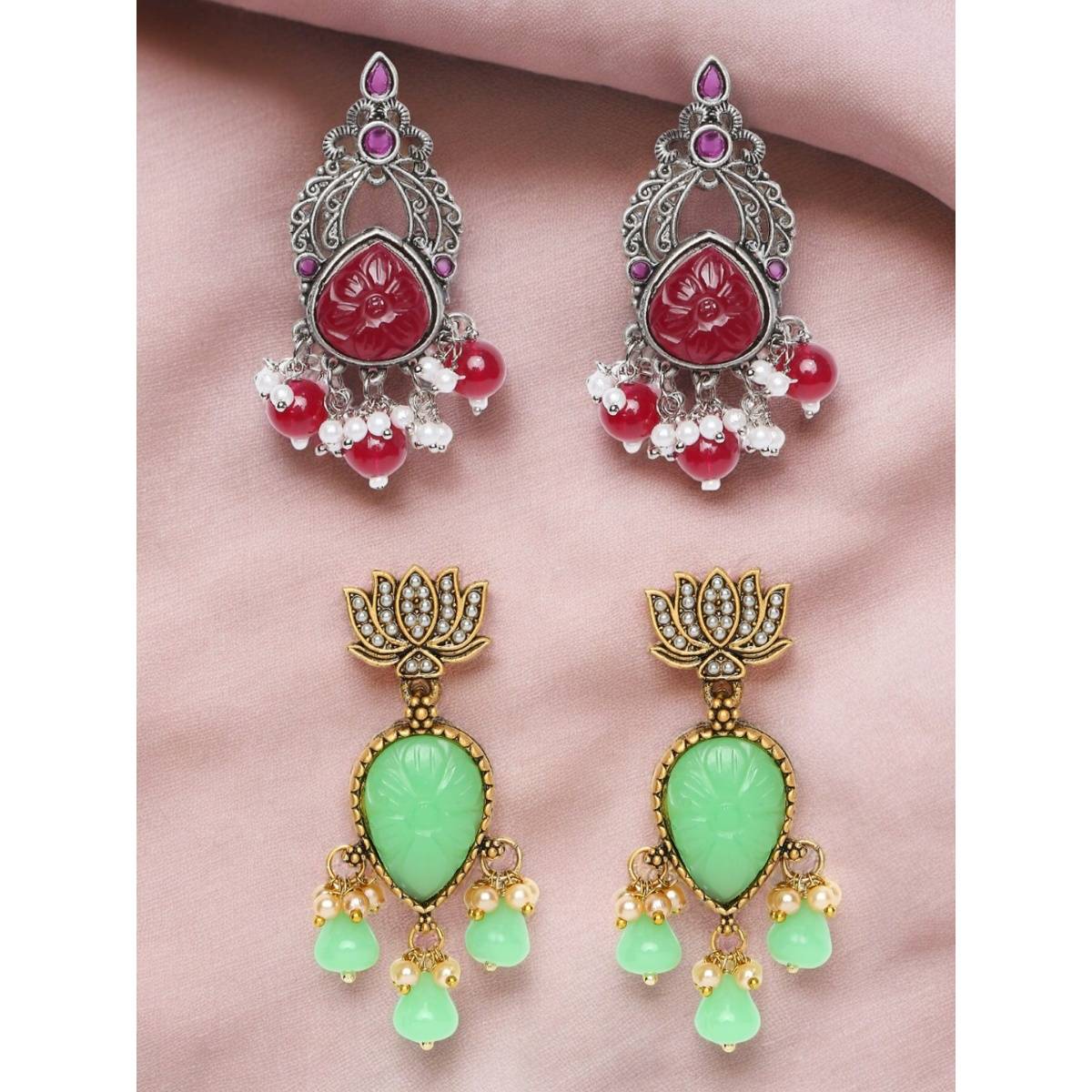 OOMPH Oxidised Silver And Gold Maroon And Green Stones Ethnic Drop Earrings (Pack of 2)