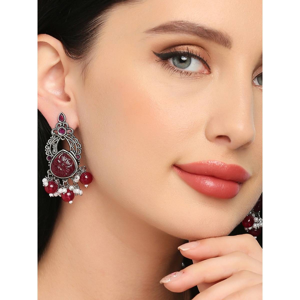 OOMPH Oxidised Silver Maroon Red Stone With Beads Ethnic Drop Earrings