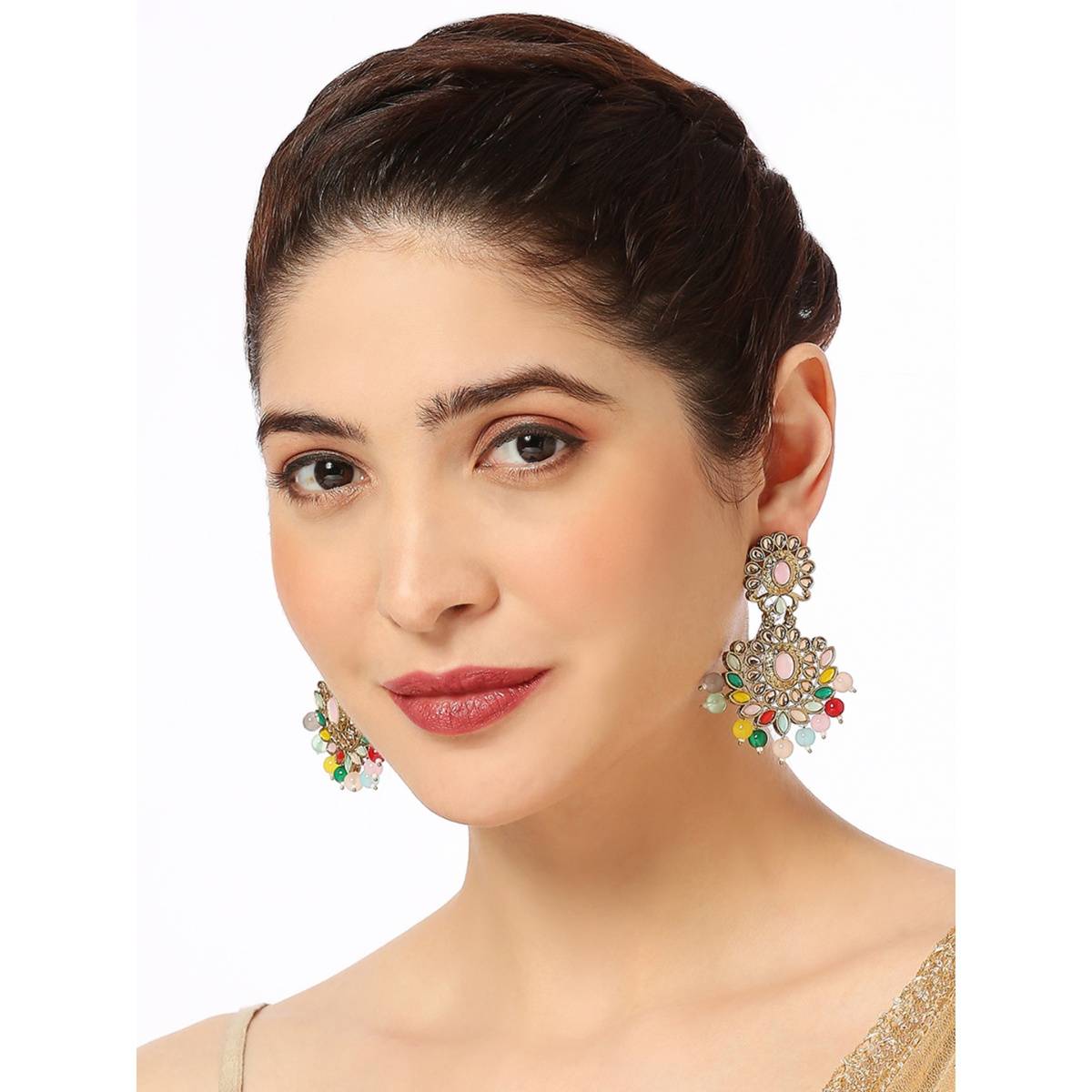 OOMPH Mehndi Drop Earrings - Multicolor Stones And Kundan