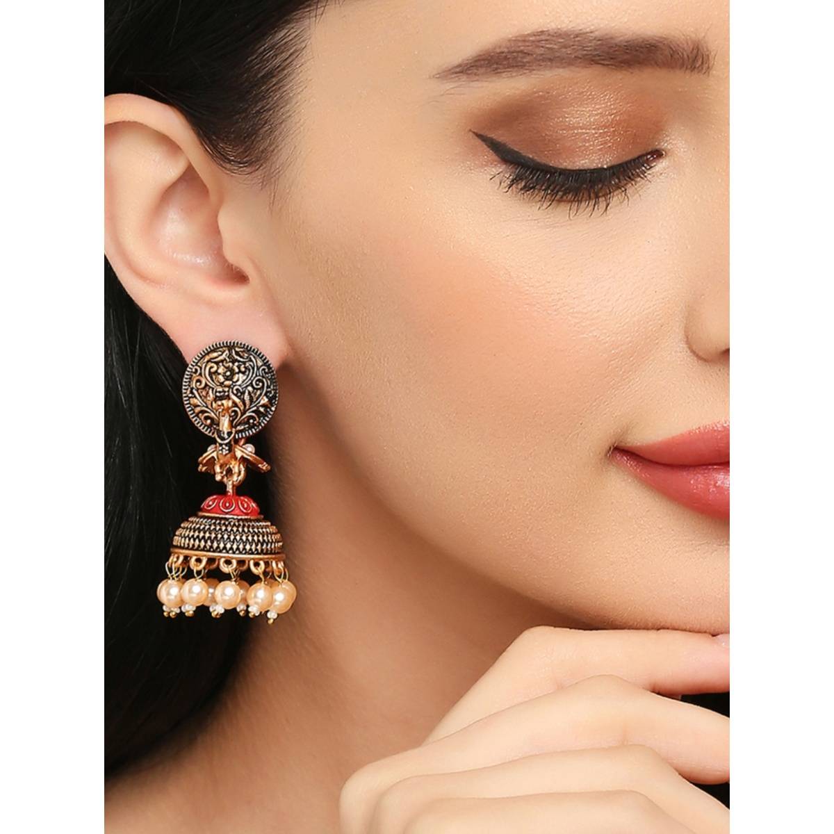 OOMPH Red Meenakari Enamel Peacock Pearls Jhumka Earrings