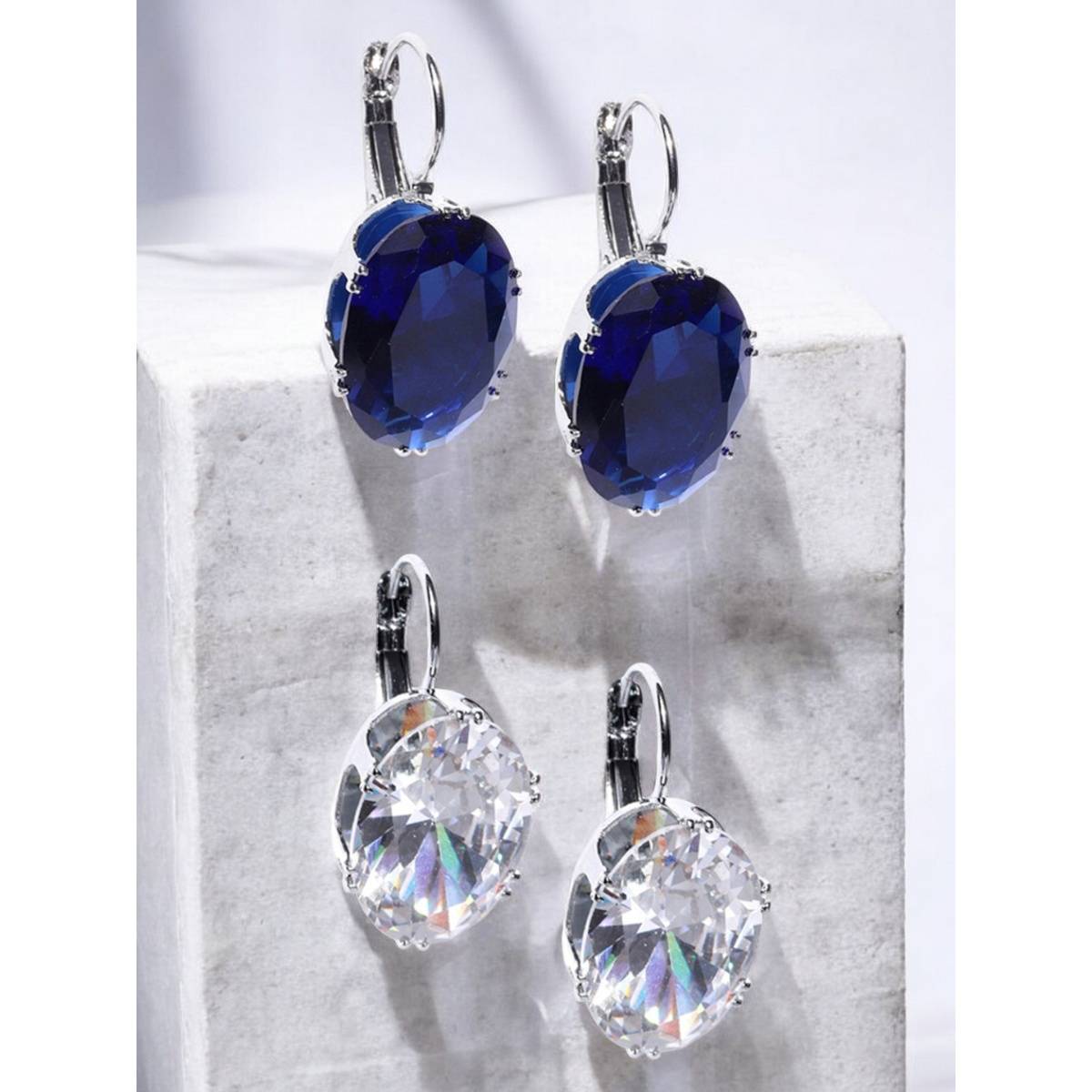 OOMPH Silver Tone White Cubic Zirconia Fashion Drop Earrings (Pack of 2)